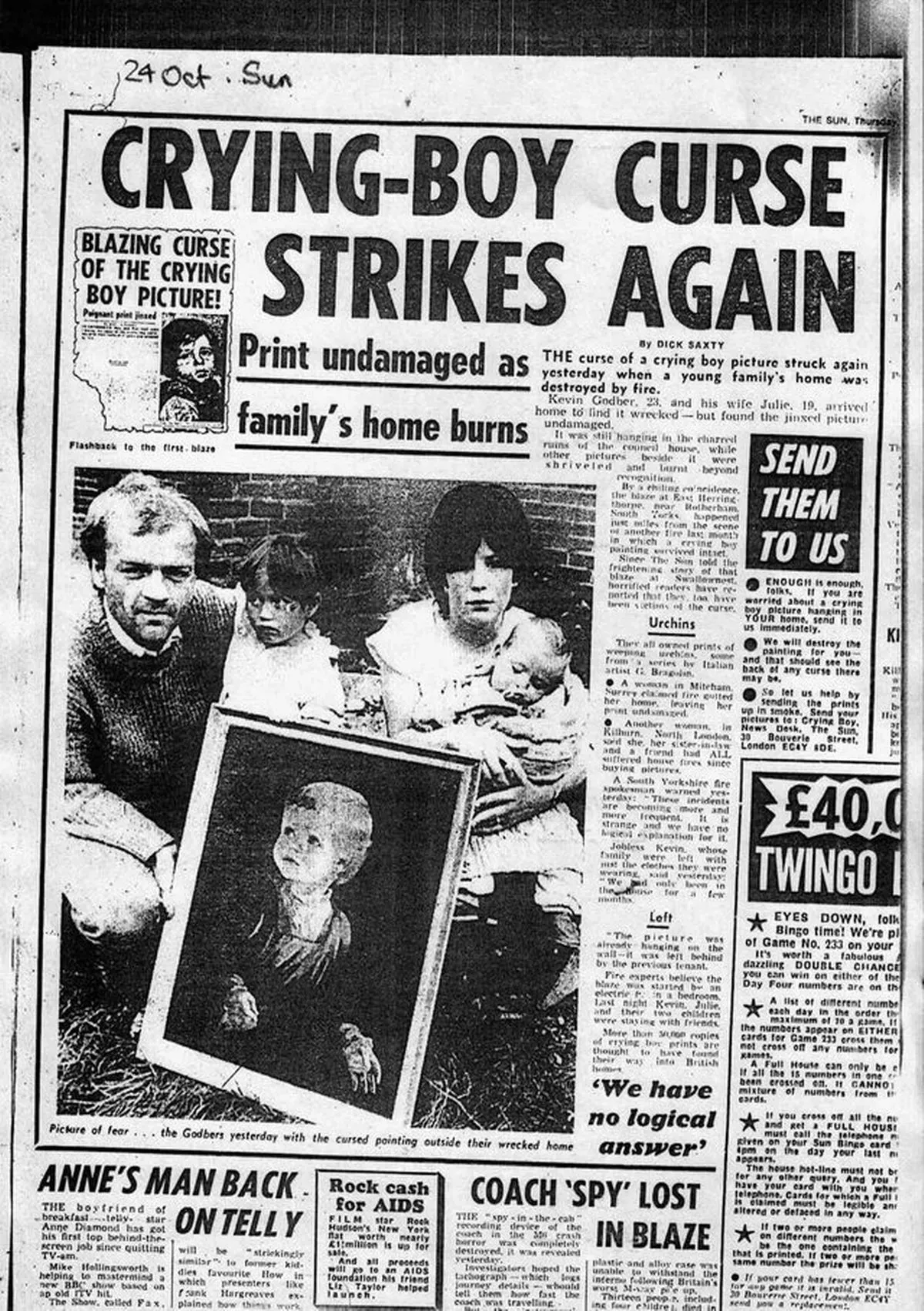 1985 headline from The Sun tabloid reading 'Blazing Curse of the Crying Boy Picture!'