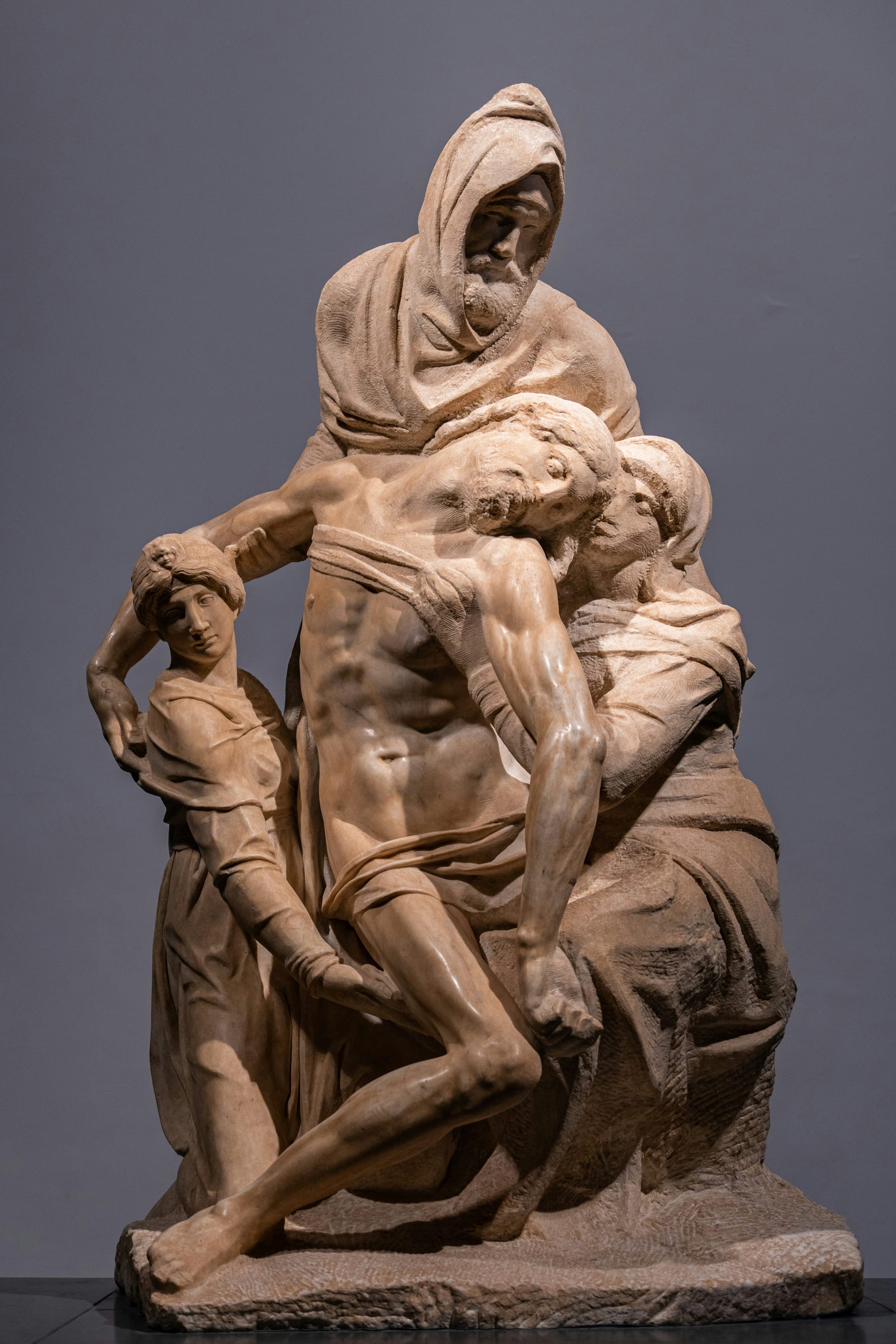 Close-up view of Michelangelo's Pietà Bandini statue.