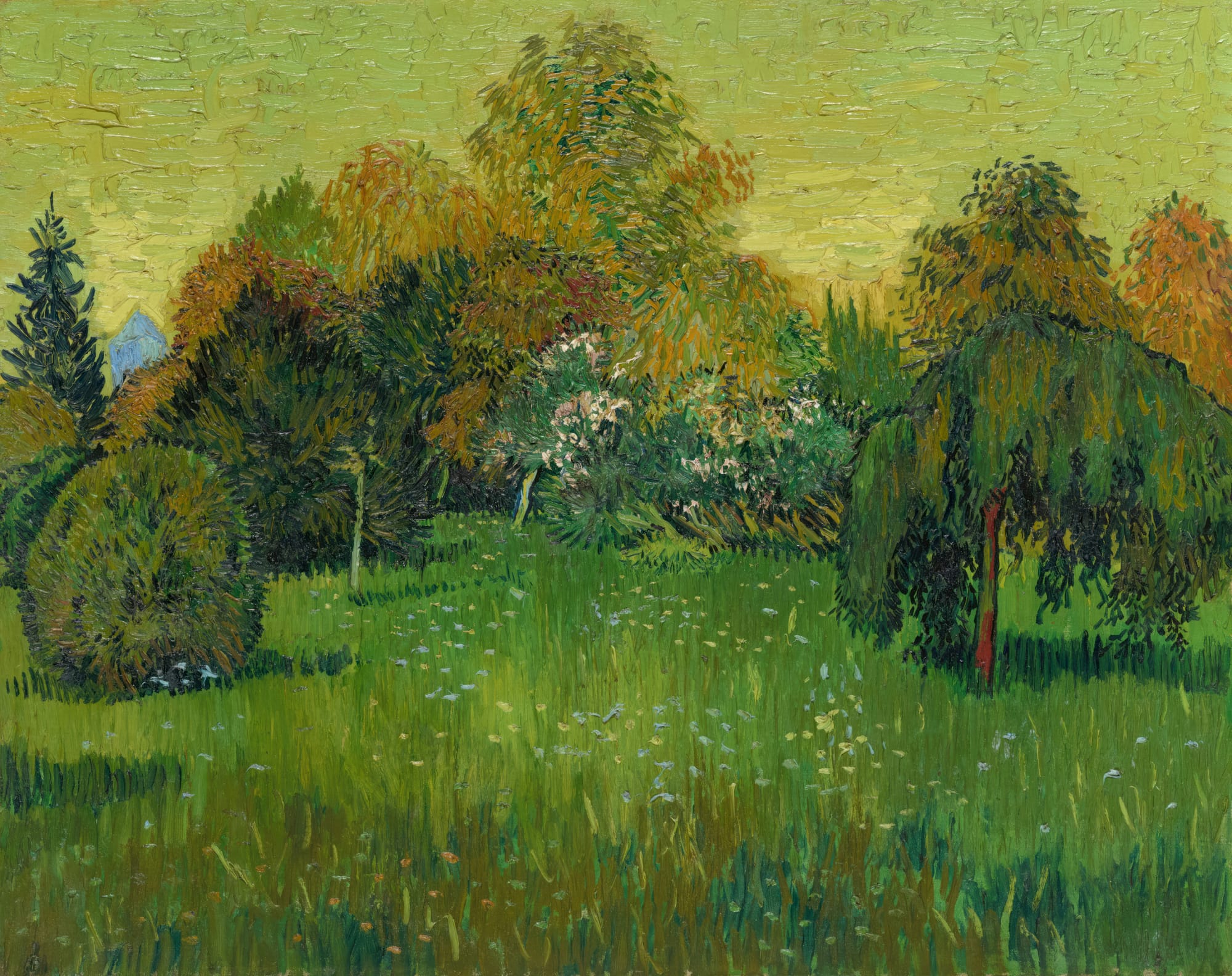 Vincent van Gogh’s "Poet’s Garden," a painting filled with bright greens, yellows, and blues.