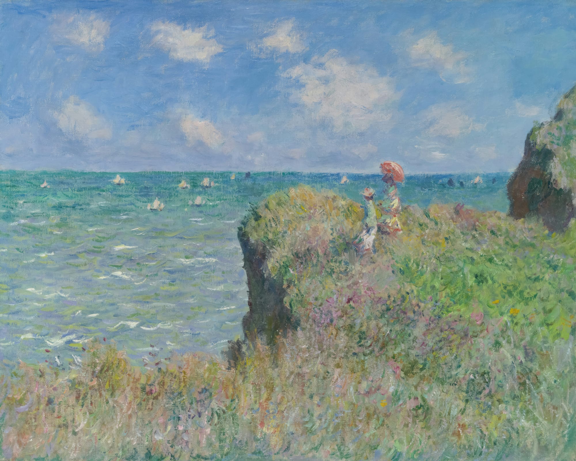 Monet’s “Cliff Walk at Pourville” depicting two women on a cliffside overlooking the sea, with vibrant blues and soft yellows reflecting the coastal light of Pourville, France.