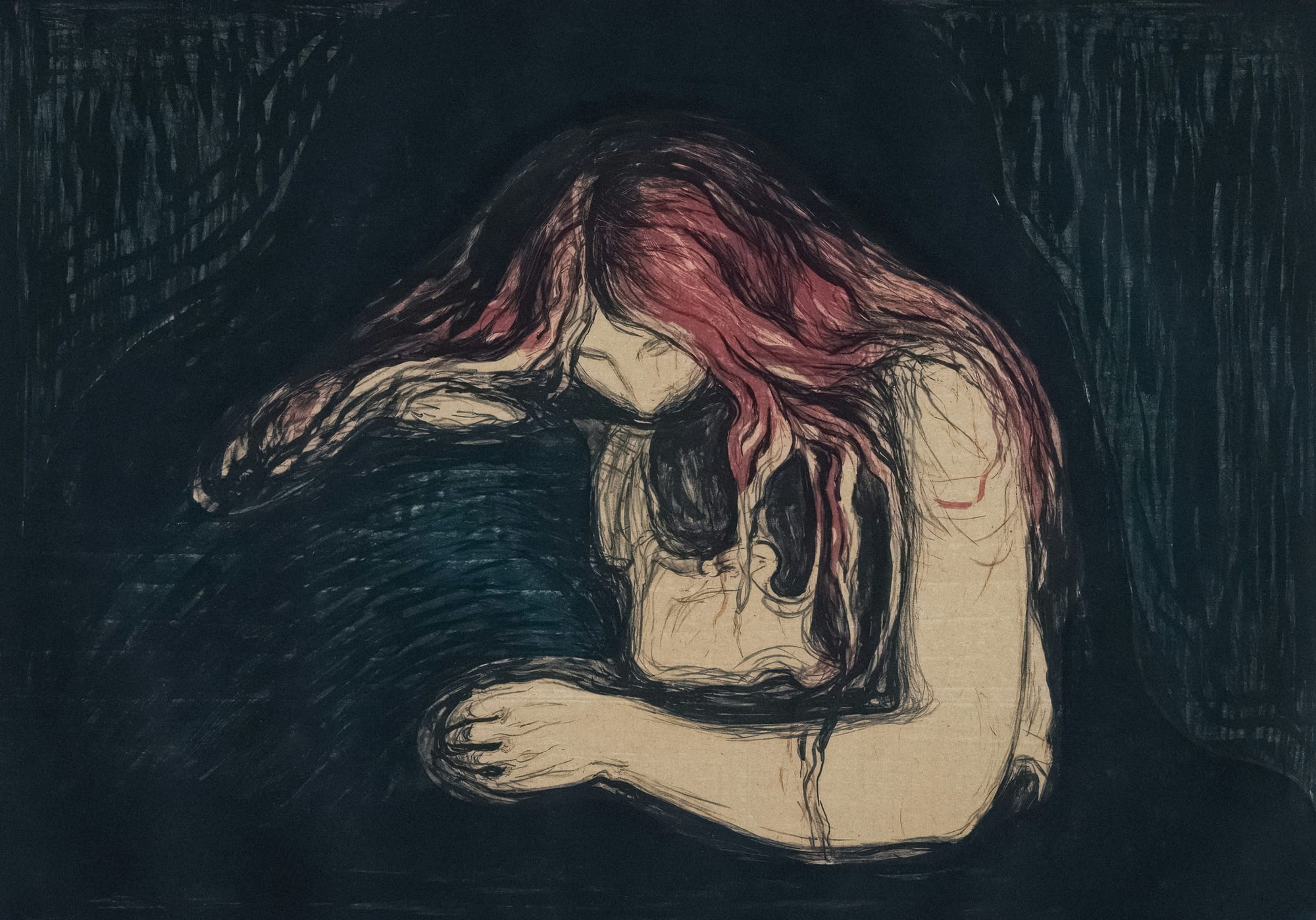 Edvard Munch’s “The Vampire (Vampyr)” from 1895, showing a woman with red hair embracing a man in a dark.