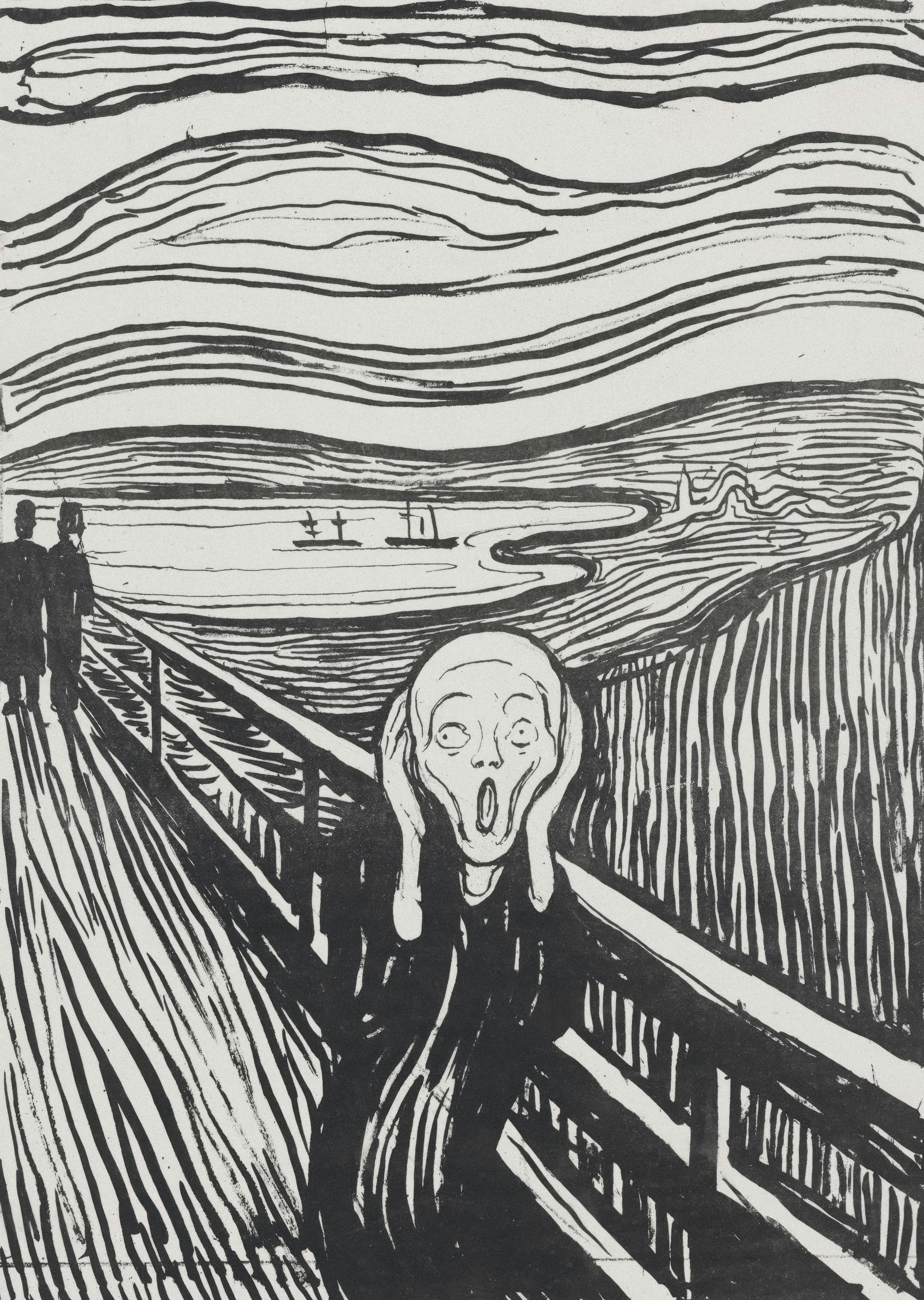 Edvard Munch’s 1895 woodcut version of The Scream, featuring a distressed figure on a bridge against a swirling, turbulent background.