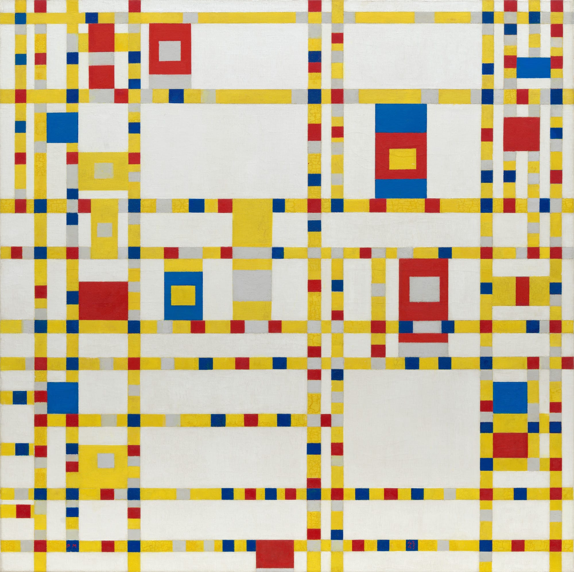 Mondrian’s Broadway Boogie-Woogie painting with vibrant grids inspired by New York City.