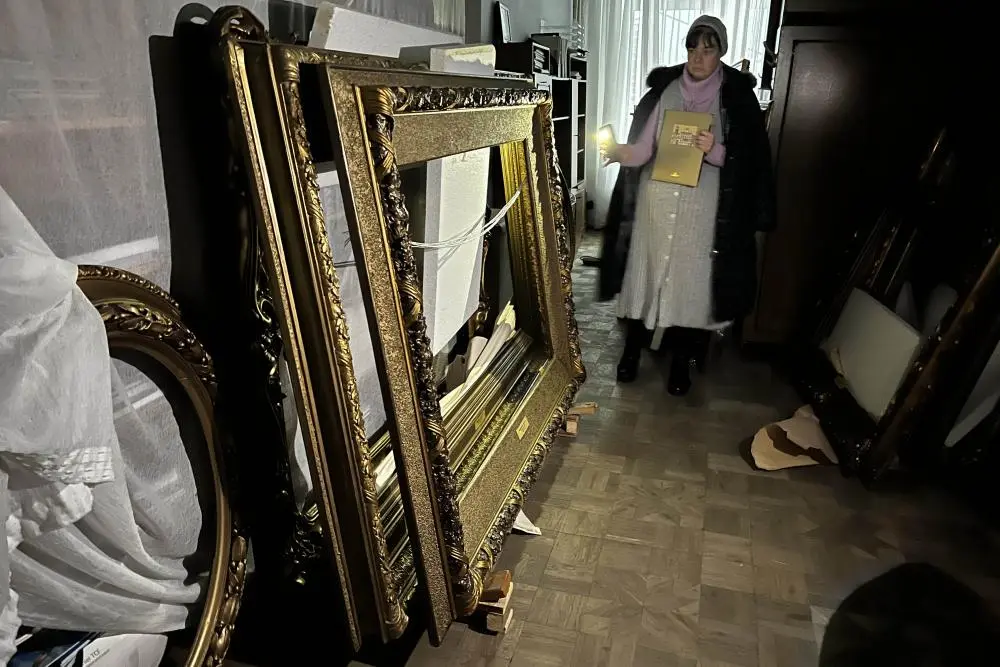 Empty picture frames remain after Russian forces looted thousands of artworks from the Kherson Regional Art Museum.