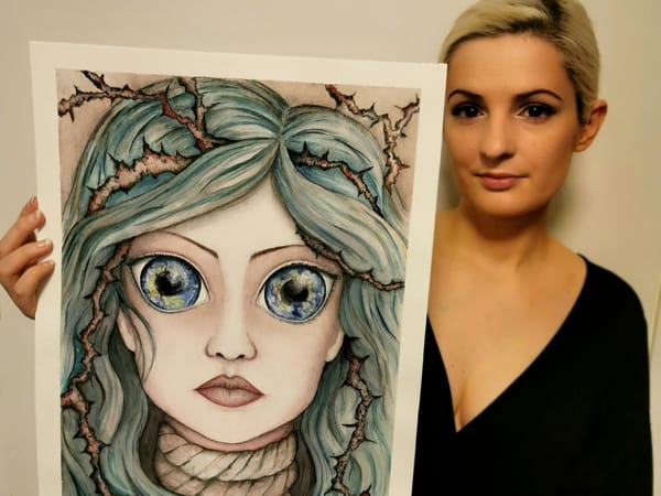 Mimo Warto holding her painting 'Last Glance,' showing a surreal woman choking on a rope, her eyes reflecting the planet.