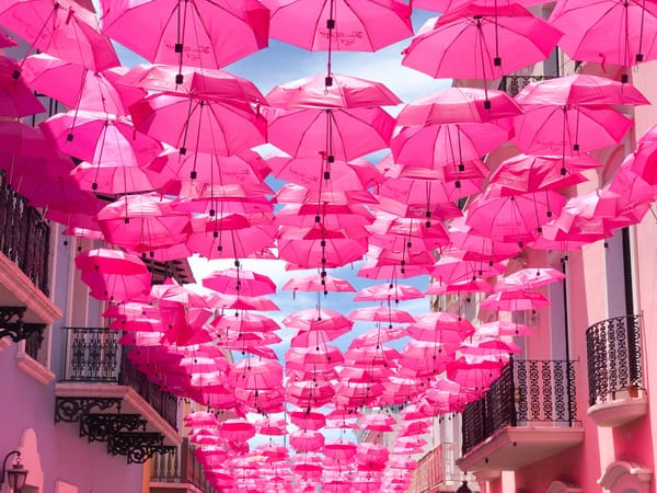 Street covered with pink umbrellas forming a vibrant canopy, creating a whimsical and artistic atmosphere.