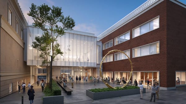 Glass facade of the Mark Rothko Pavilion at the Portland Art Museum, connecting historic buildings with a modern design